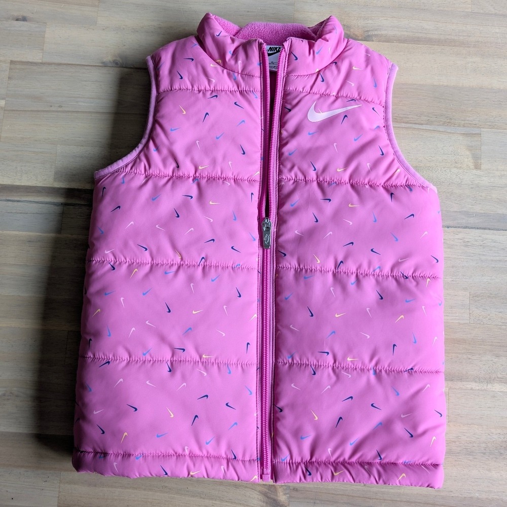 Nike Kids Pink Mini Swoosh‎ Puffer Vest Fleece Lined Full Zip Jacket Size 6Y Med